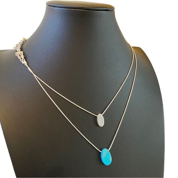 Turquoise Double Layer Necklace on Slinky Silver Chains. - Picture 2 of 5